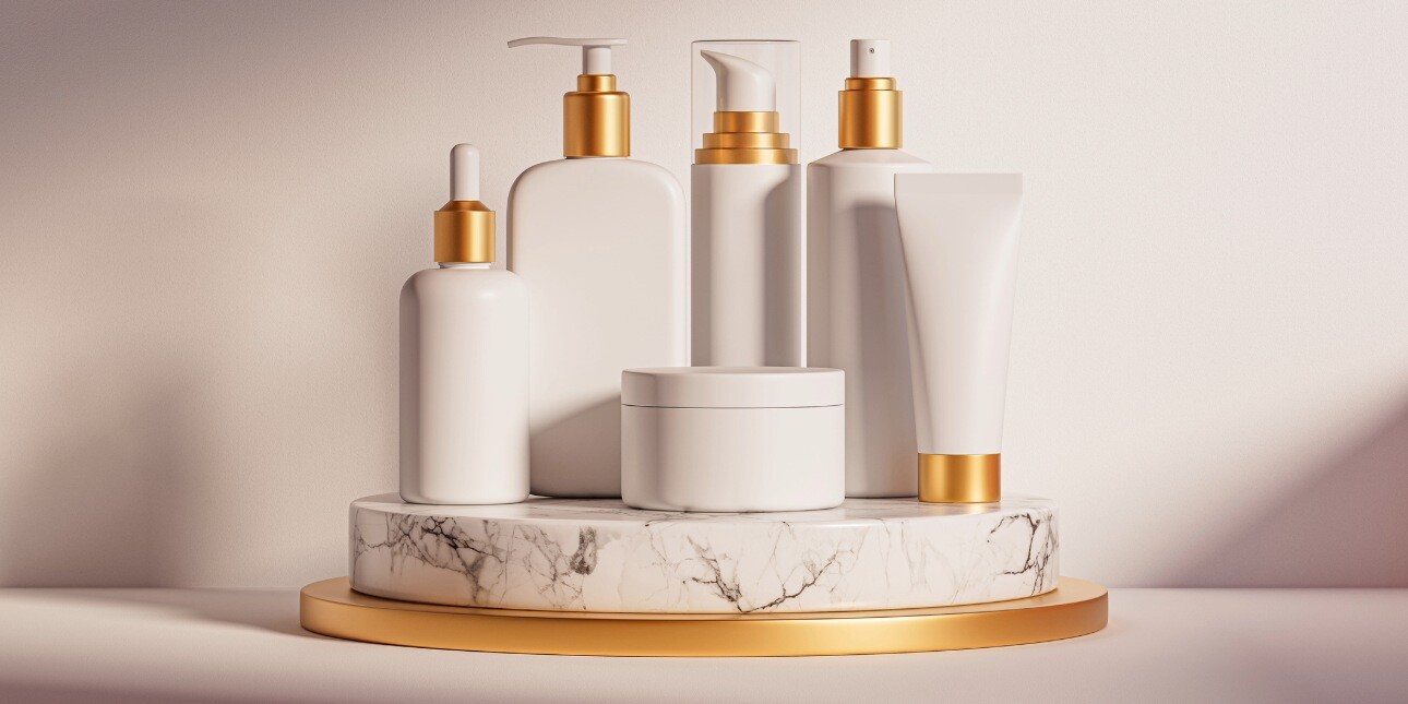 A 3D digital illustration of a set of different light coloured and gold rimmed cosmetic containers stood on marble pedestal
