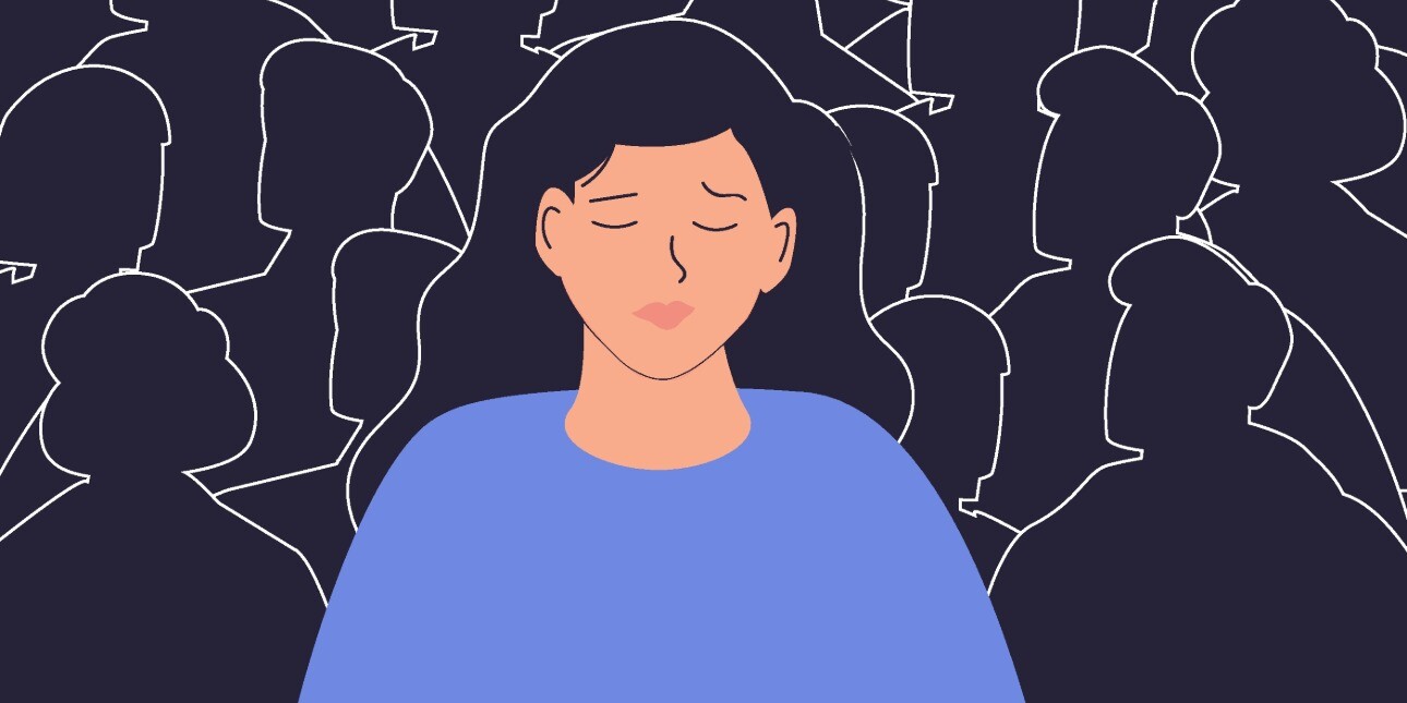 An illustration of a sad looking woman wearing a blue top surrounded by silhouettes of a crowd around her.