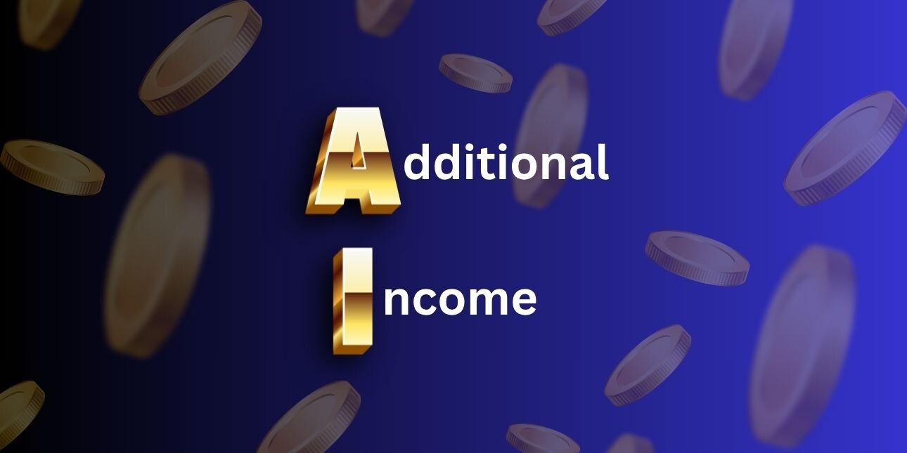 A typographic illustration featuring the word AI written in 3D gold lettering next to the words additional income in white. It is surrounded by graphics of gold coins.