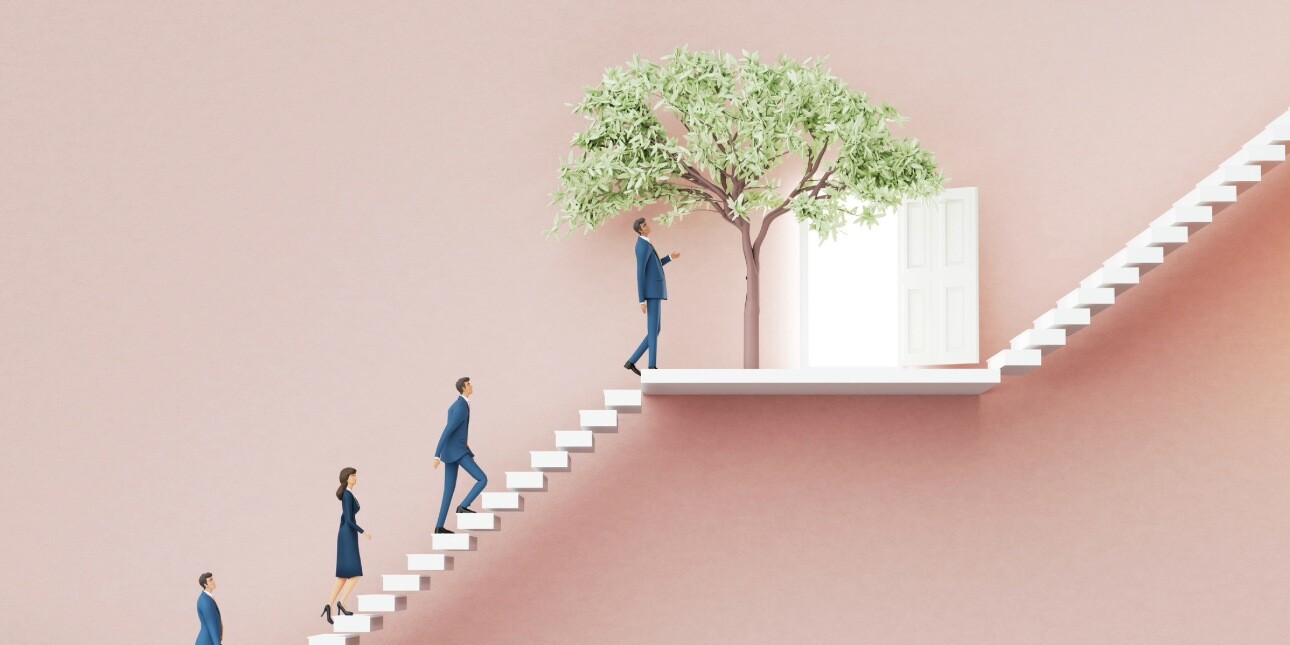 A side profile illustration on a pink background of business people walking up the first rung of a two rung staircase towards a green tree.