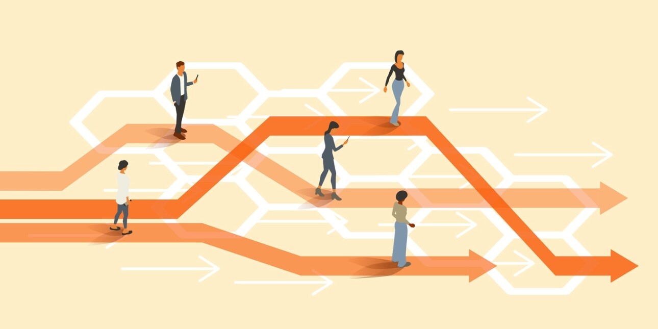 An illustration on a pale yellow background of people walking on a series on a series of orange forward-pointing arrows that move diagonally up and down at different angles.