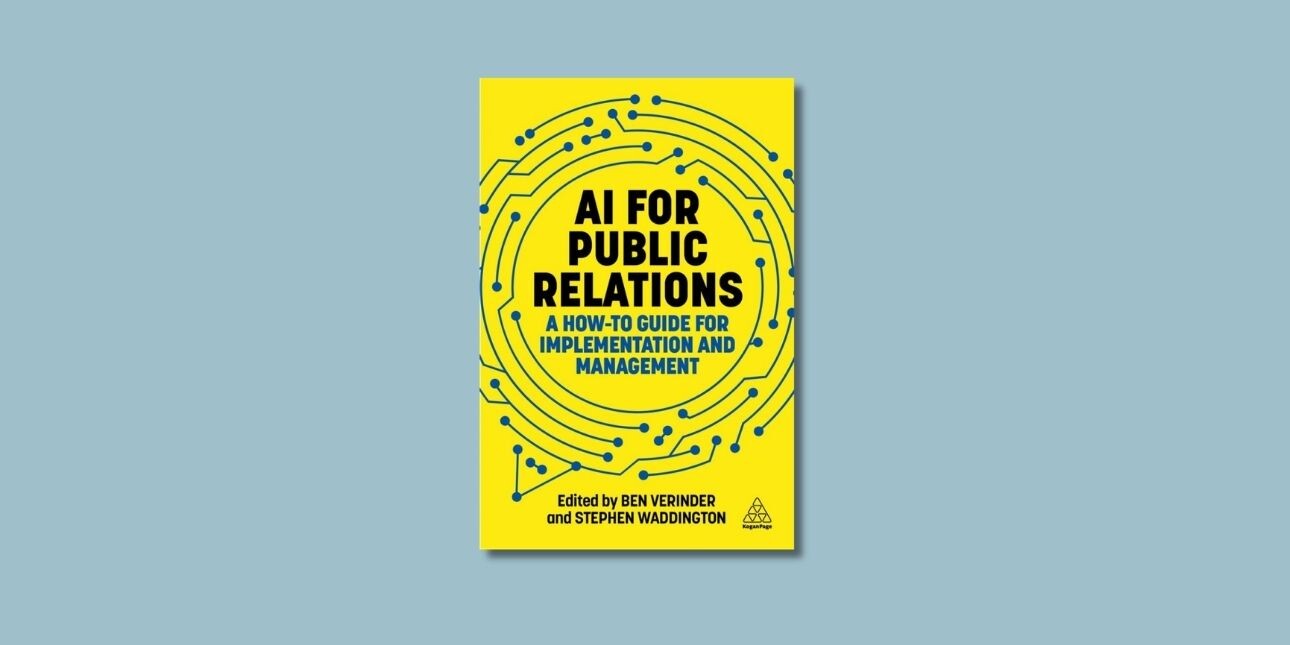 On an eggshell-blue background, the yellow book cover of AI for Public Relations A How-To Guide for Implementation and Management featuring a blue circular maze.