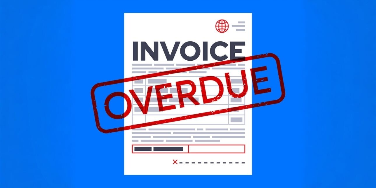 An illustration on a blue background of a white paper invoice with the word overdue stamped across it in red