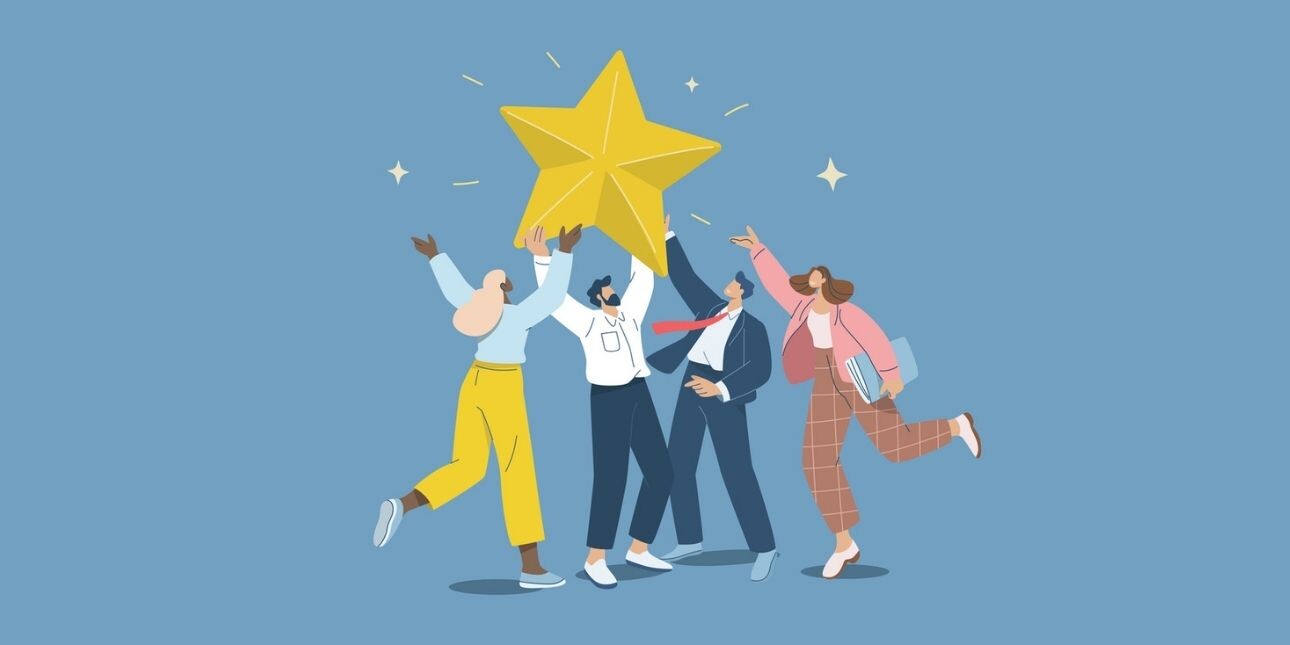An illustration on a blue background of four colleagues jumping for joy as they reach their hands towards a golden star