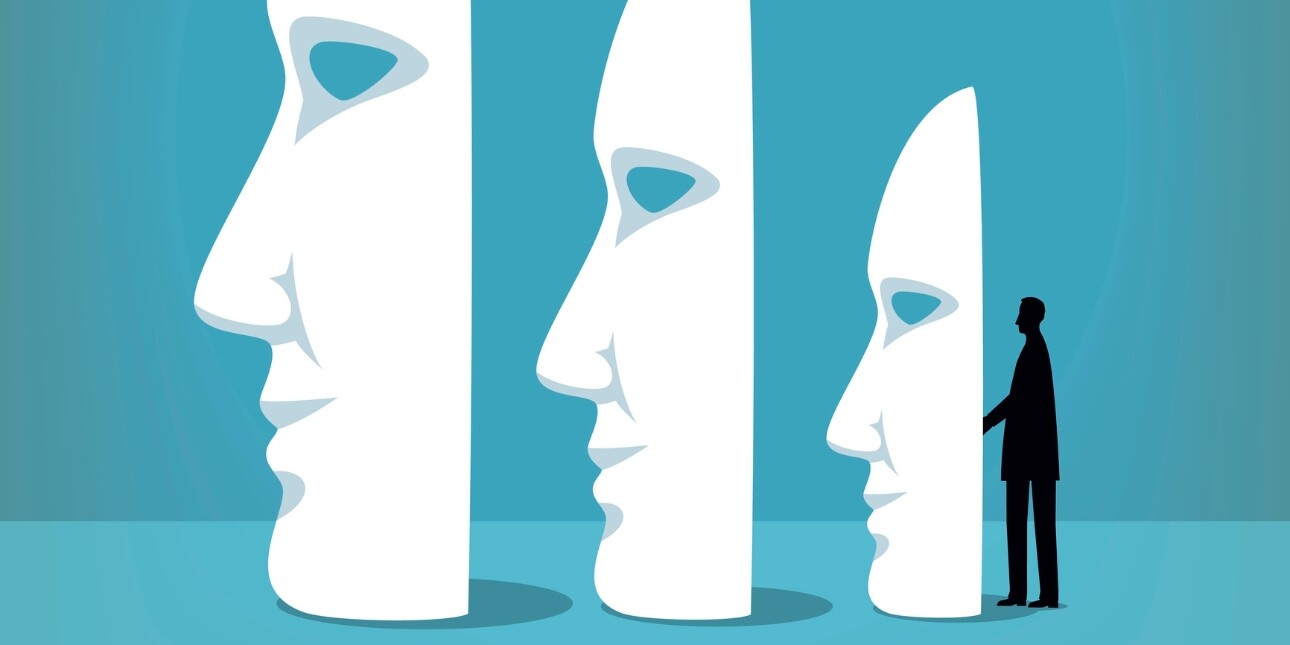 An illustration on a two-tone turquoise background of the side profile of three different sized white masks. To their right is the silhouette of a person.