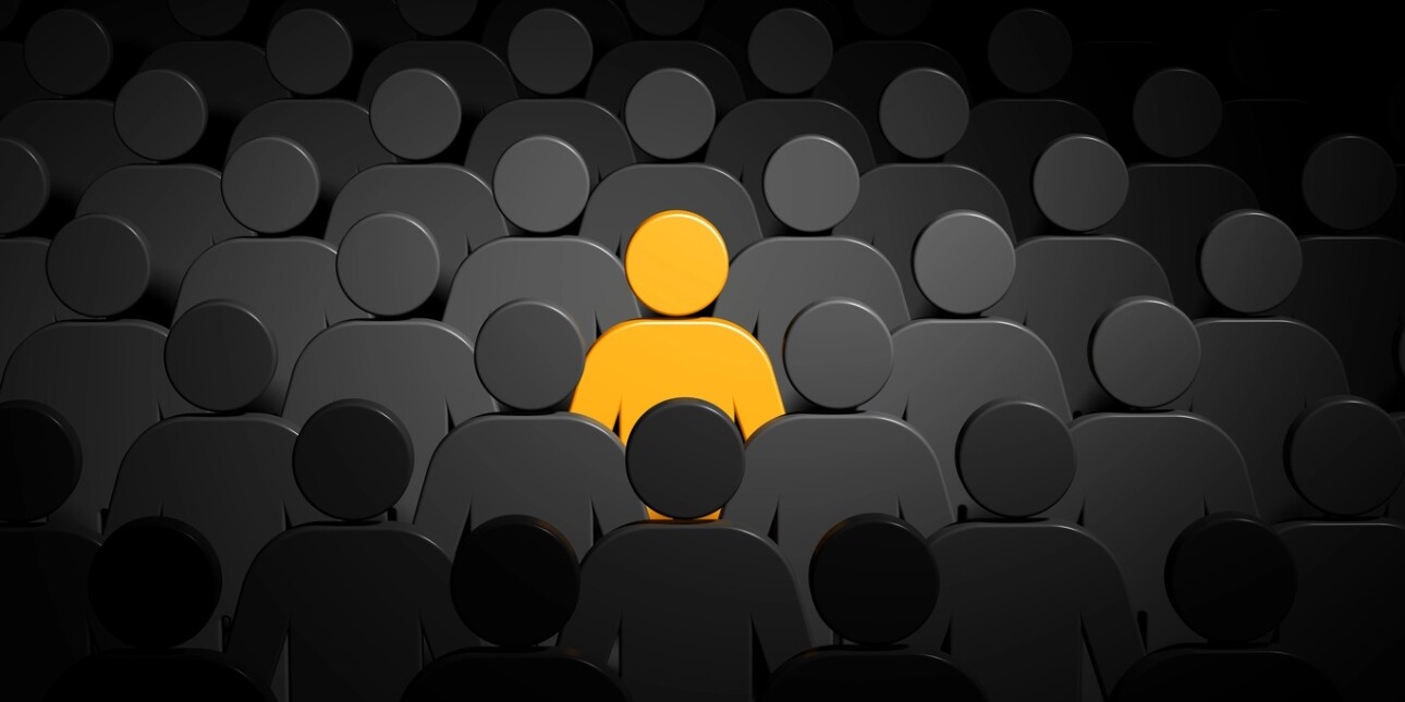 A digital image of a series of a golden stick figure surrounded by a group of dark-grey stick figures.