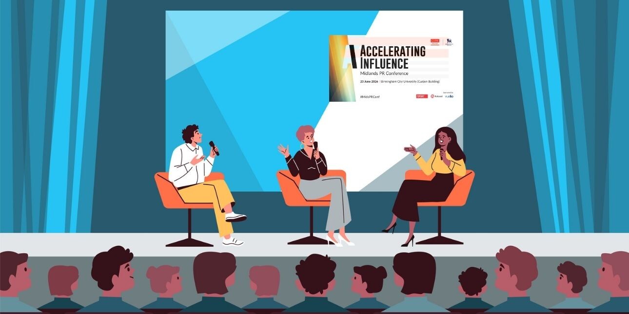 An illustration of three people on a conference stage watched by two lines of heads in the audience.