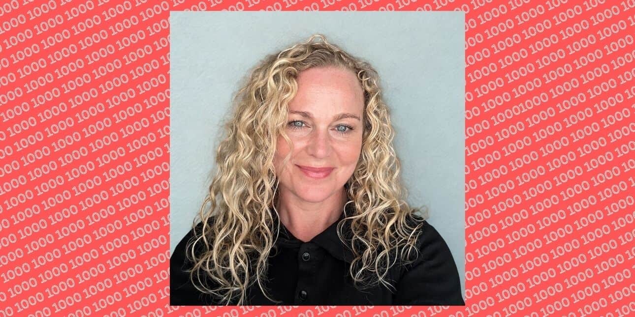 An inset square portrait of Candice Robinson against a light blue background. Robinson is a white woman with blond hair. The main background is red with a series of 1000 typed diagonally across it.