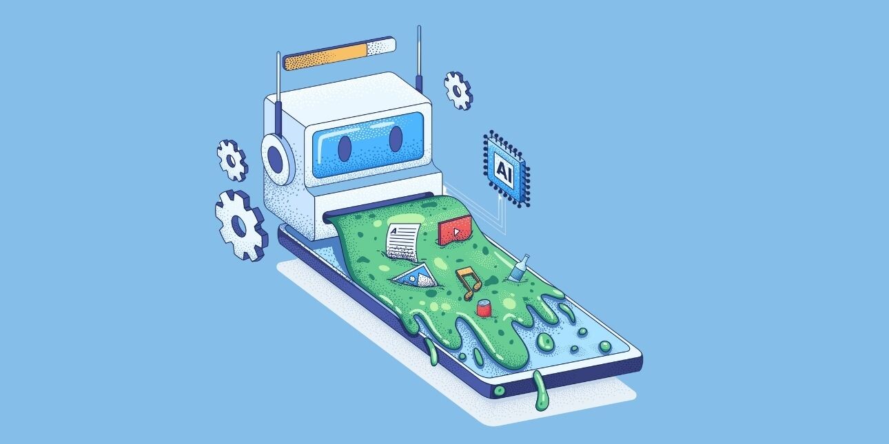 An illustration of a computer churning out green slop with various icons representing junk and AI