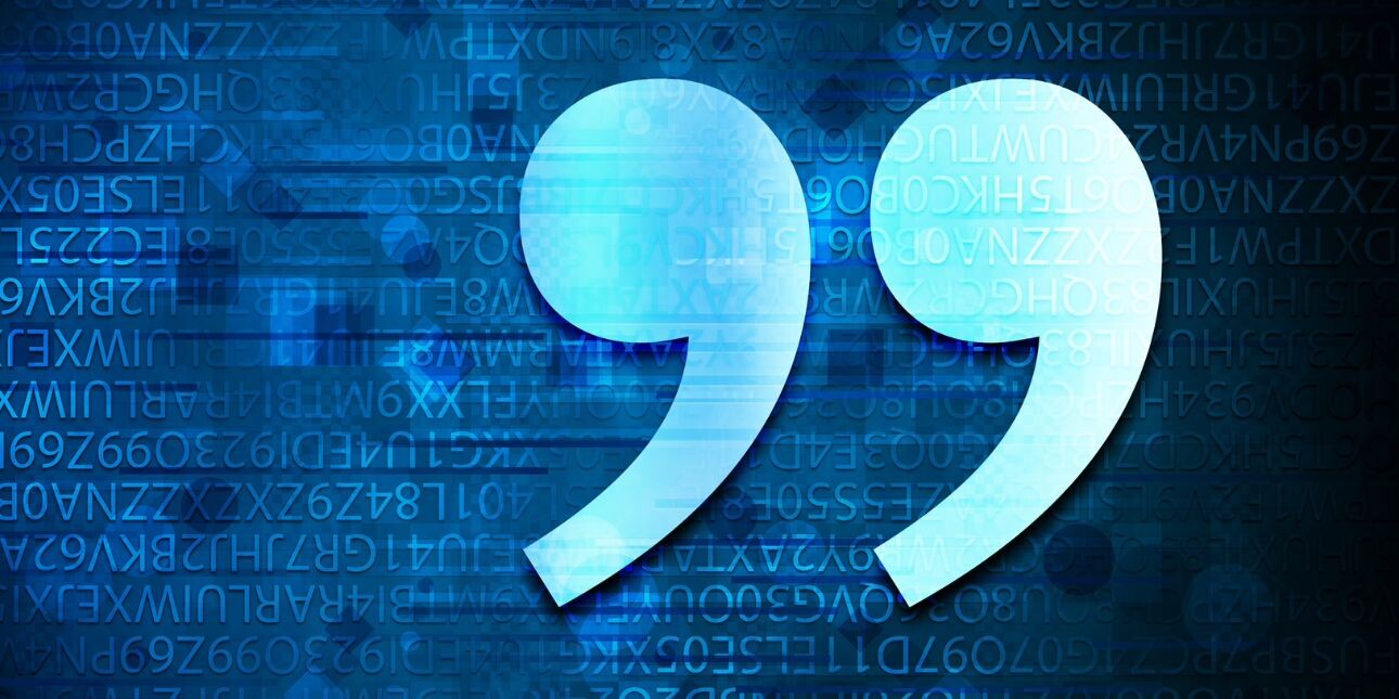 A light blue quotation mark overlaid on a dark blue letterset