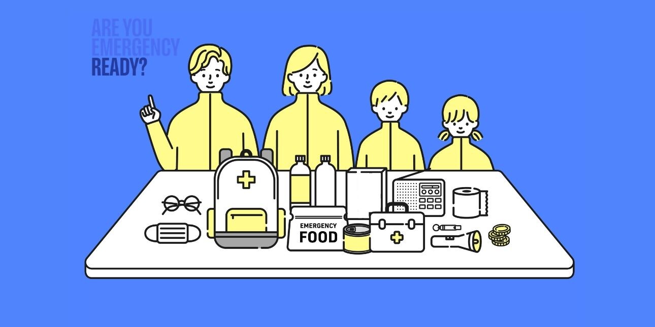 An illustration of a family of four stood with emergency essentials including food, batteries, wind up radio.
