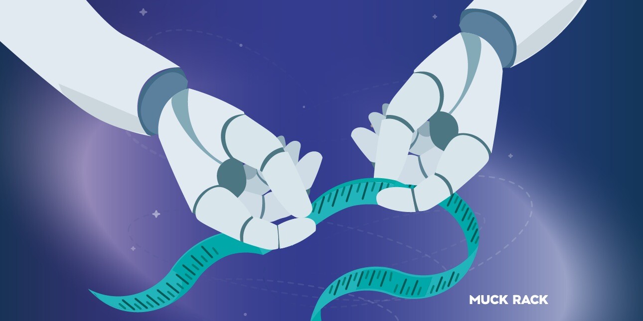 An illustration on a purple background of white robotic hands holding a measuring tape