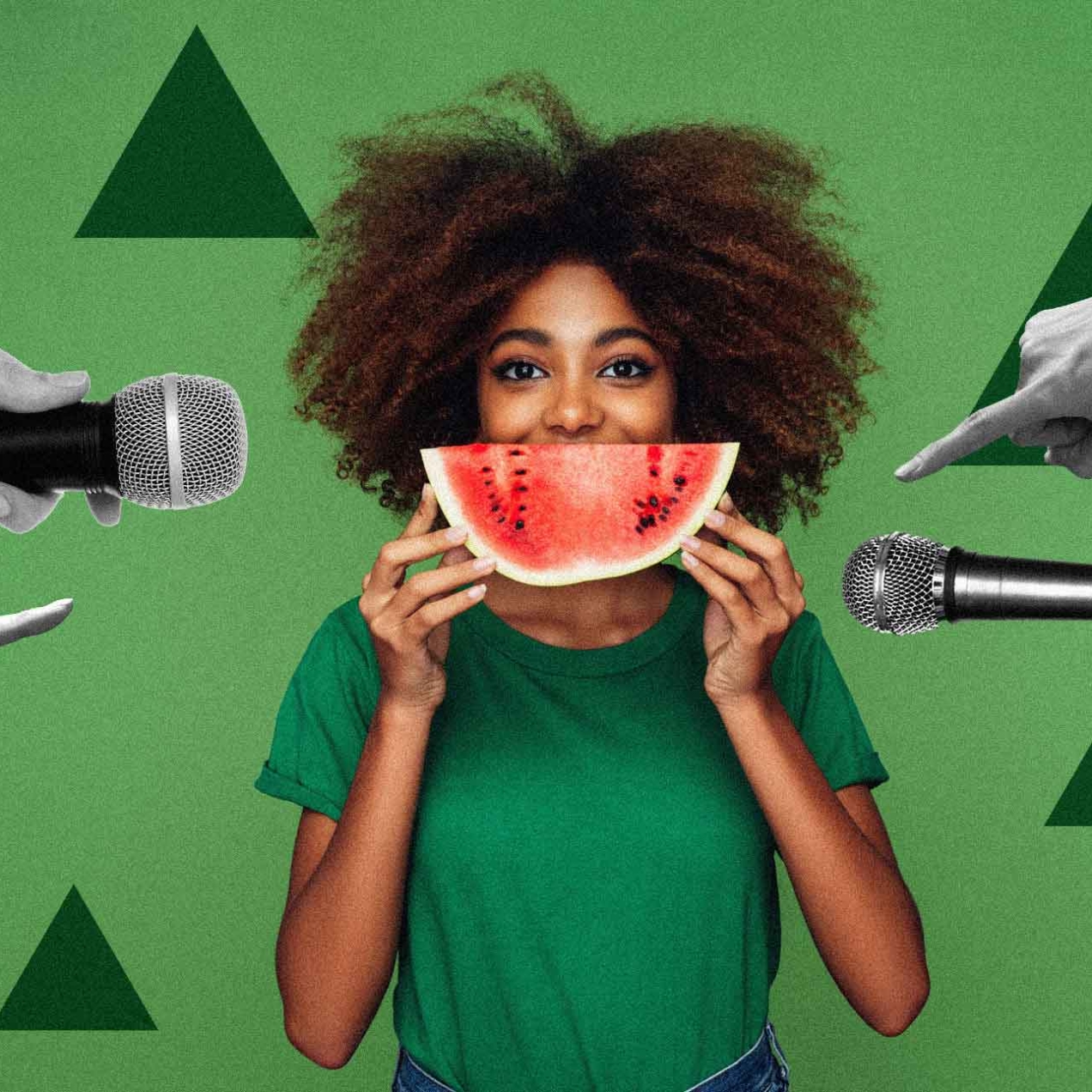 Woman centre of image in green t-shirt holding a slice of melon Infront of her mouth, whilst either side of her there are two hands pointing fingers toward her, and two hands holding microphones toward her.