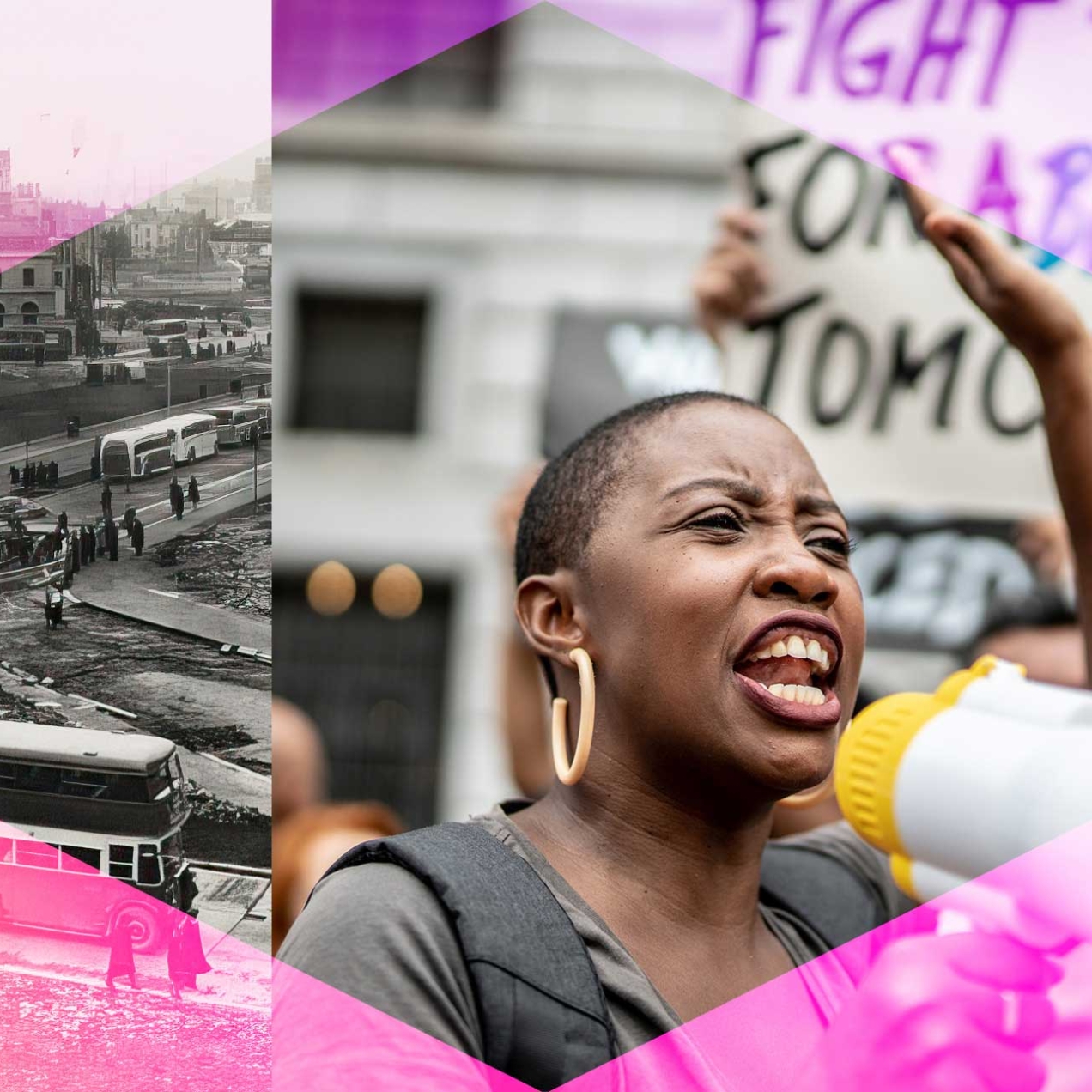 A photo collage of two black and white photographs from 1948 with one colour photograph of a woman holding a megaphone and another photograph of a female NHS worker.