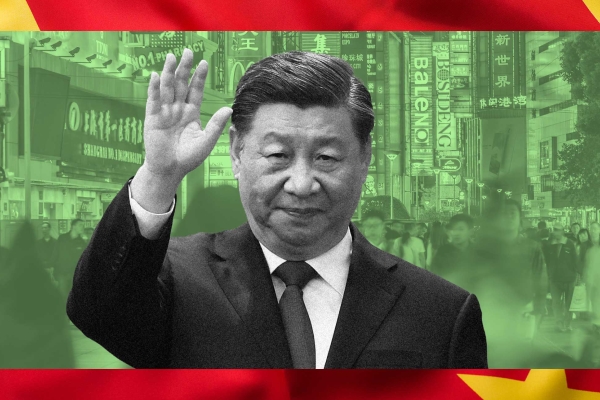 Black and white photograph of Xi Jinping in front of a photograph of a busy Shopping Street in Shanghai, China.
