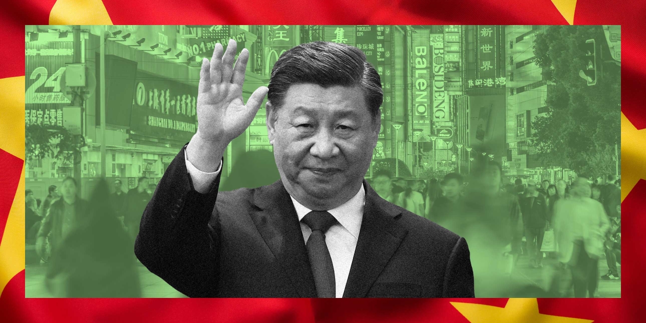 Black and white photograph of Xi Jinping in front of a photograph of a busy Shopping Street in Shanghai, China.