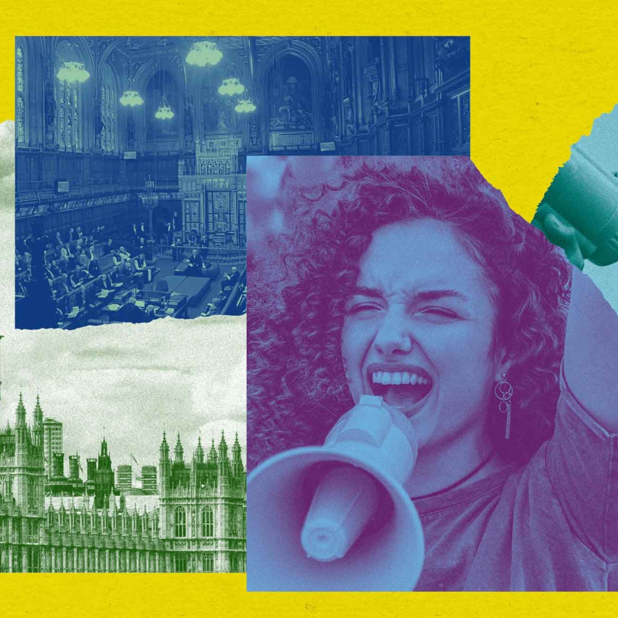 Photo collage containing images of the Houses of Parliament, the House of Lords and two activists