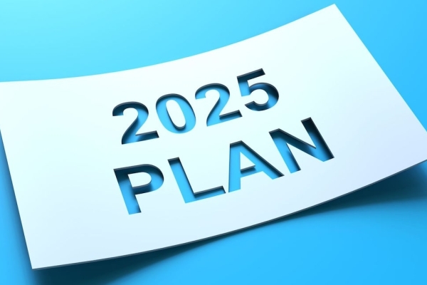 A computer generated image of the words 2025 plan cut out from a piece of white card on a blue background
