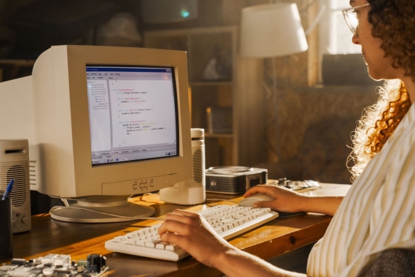 A women with brown curly hair sits in front of a large desktop computer monitor from the 1990s or early 2000s with separate speakers and a keyboard. The style of on screen graphics confirm this approximate date range