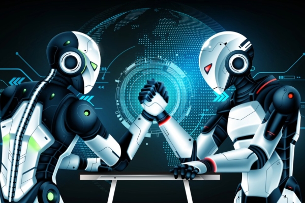 An illustration of two near-identical humanoid robots arm wrestling in front of a dot matrix image of the globe.