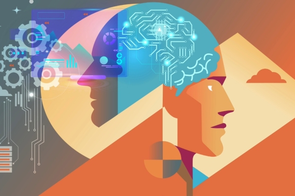 An illustration coloured in shades of orange and blue of the side profile of a humanoid robot and person.