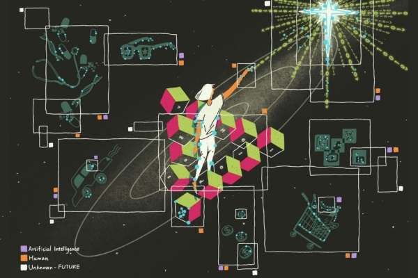 The painting shows a person standing on a staircase made of green and pink cubes, symbolising a Penrose staircase, in a cosmic environment. The person is reaching towards a glowing cross-shaped structure emitting binary code, representing AI's reach