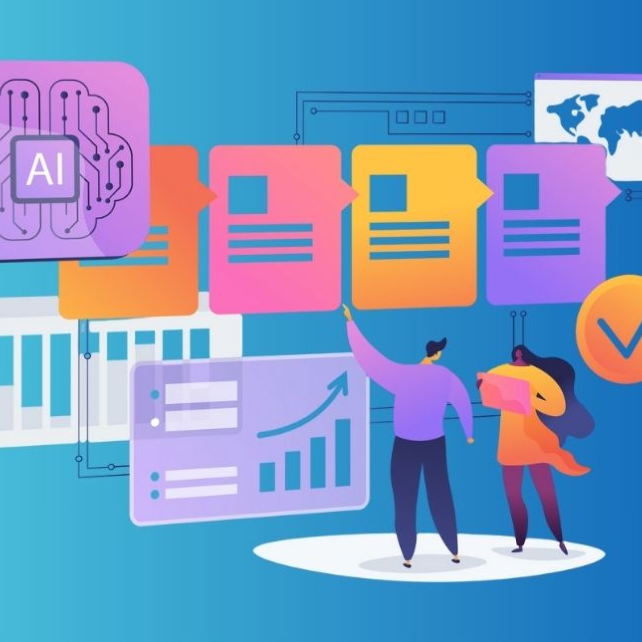 A workflow concept illustration on a turquoise background of two people looking at the word AI next to giant folder icons