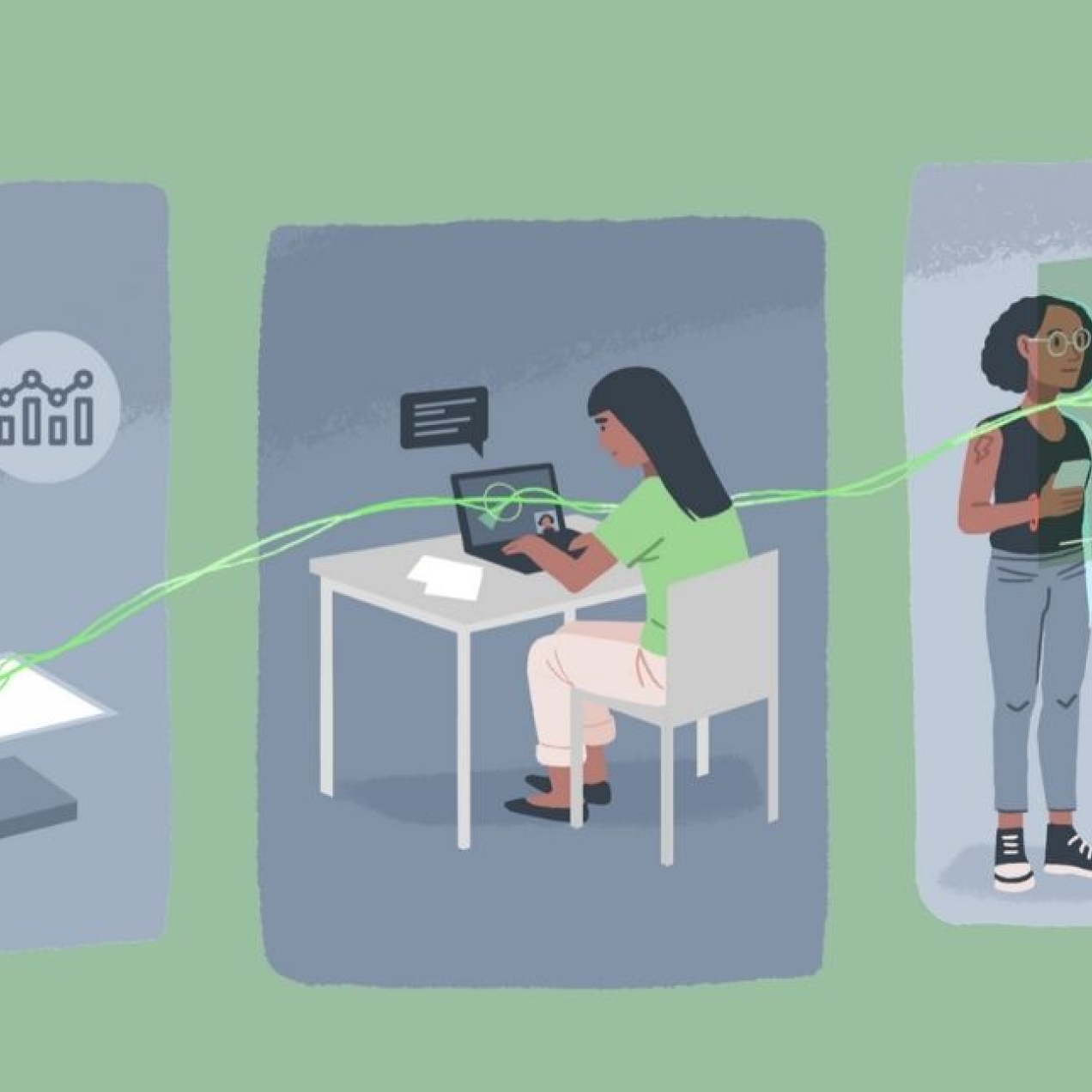 On a green background, a row of three illustrations within grey rectangles representing data science: a man looks through a human-sized microscope, a woman analyses data on a laptop, and a female teacher presents the findings to an online audience.