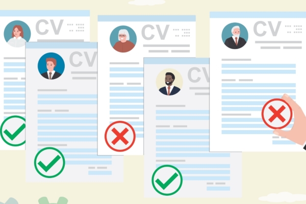 An illustration of five CVs. Three feature images of younger applicants and green ticks. Two feature older people and red crosses.