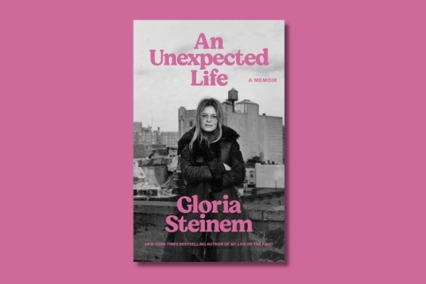 Book cover featuring a black and white full length photograph of Gloria Steinem