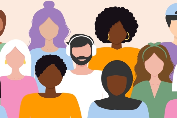 An illustration of 11 faceless people of different genders and ethnicities, wearing a variety of bright clothing to represent a range of cultural styles