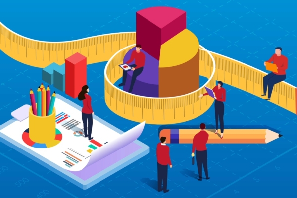 An illustration of six people assembled around life size objects including a tape measure, 3D pie chart, pencil, 3D graph, pencil holder and notebook. The background is blue.