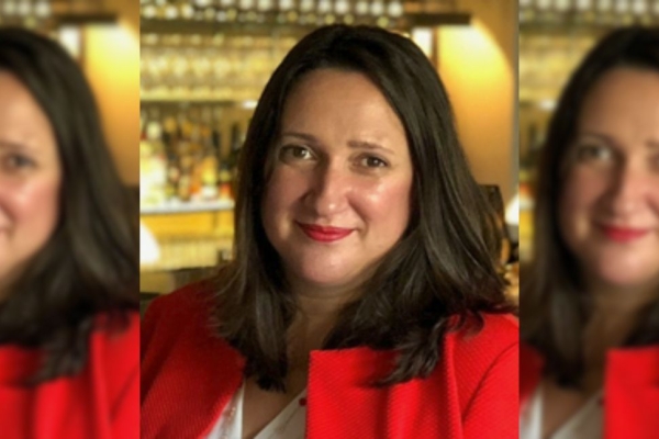 A triptych of a Beth Durham, a white woman with dark hair and a red jacket and red lipstick