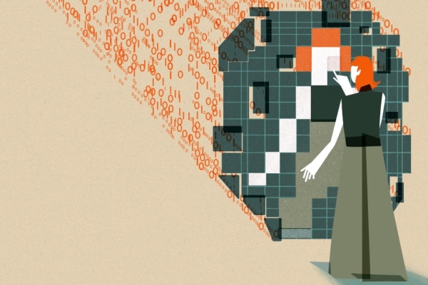 This image shows an individual with orange hair interacting with a large, abstract digital mirrored structure. The structure is composed of squares in varying shades of green, orange, white, and black which are pieced together to reflect the individu