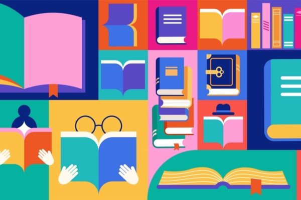 A multicoloured flat vector illustration of book covers and outlines of two people reading them