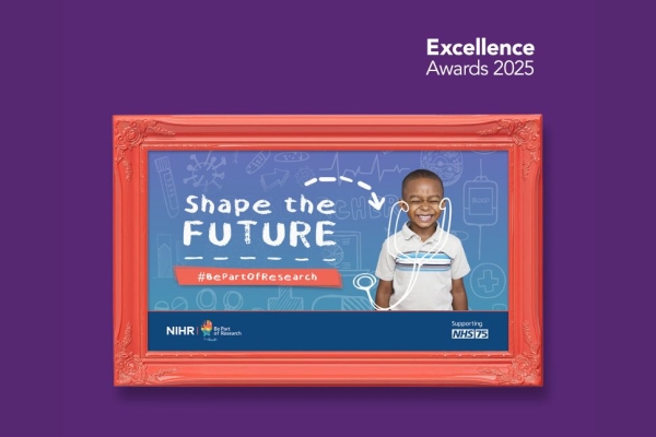 An orange picture frame on a purple background. Inside the frame is a campaign photo featuring a smiling young child with a superimposed hand-drawn stethoscope and the words shape the future be part of research
