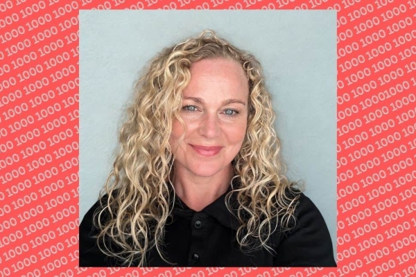 An inset square portrait of Candice Robinson against a light blue background. Robinson is a white woman with blond hair. The main background is red with a series of 1000 typed diagonally across it.