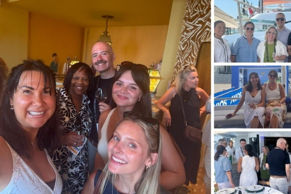 A montage of photographs showing groups of smiling people in a restaurants and onboard a yacht.