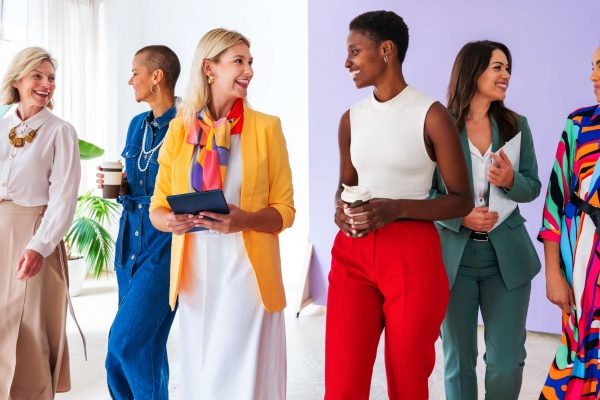Six smiling female colleagues of different ages and ethnicities walk in conversation with one another in a bright office. They are all wearing bright clothes.