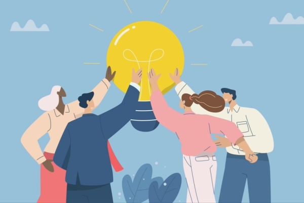 An illustration of four people reaching out to touch a life sized light bulb