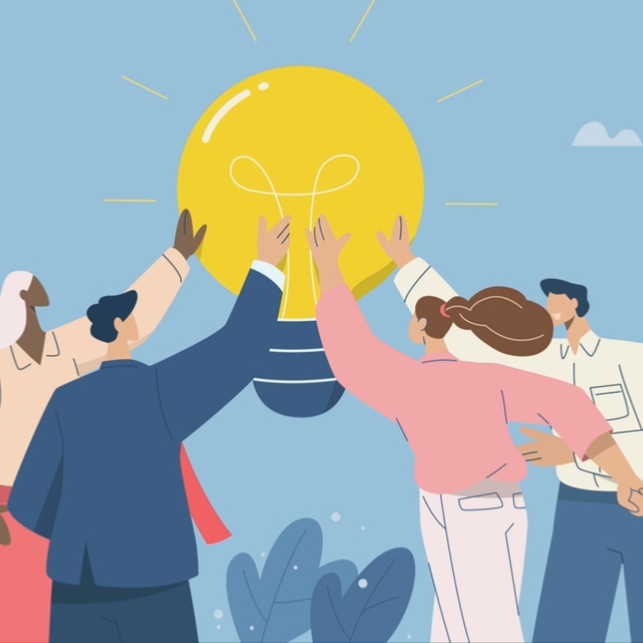 An illustration of four people reaching out to touch a life sized light bulb