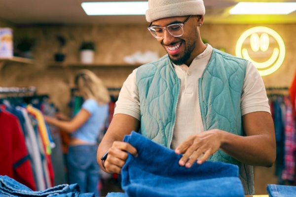 A Black man in a blue gillett, white t-shirt, light glasses and a cream woollen hat stands in a clothes shop browsing a pile of denim jeans. There is a neon sign in the background.