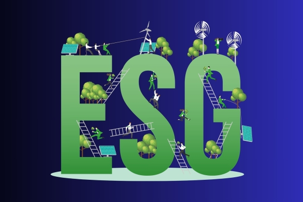 An illustration of people working while suspended on and around gigantic ESG letters. There are several ladders, solar panels and trees within the frame