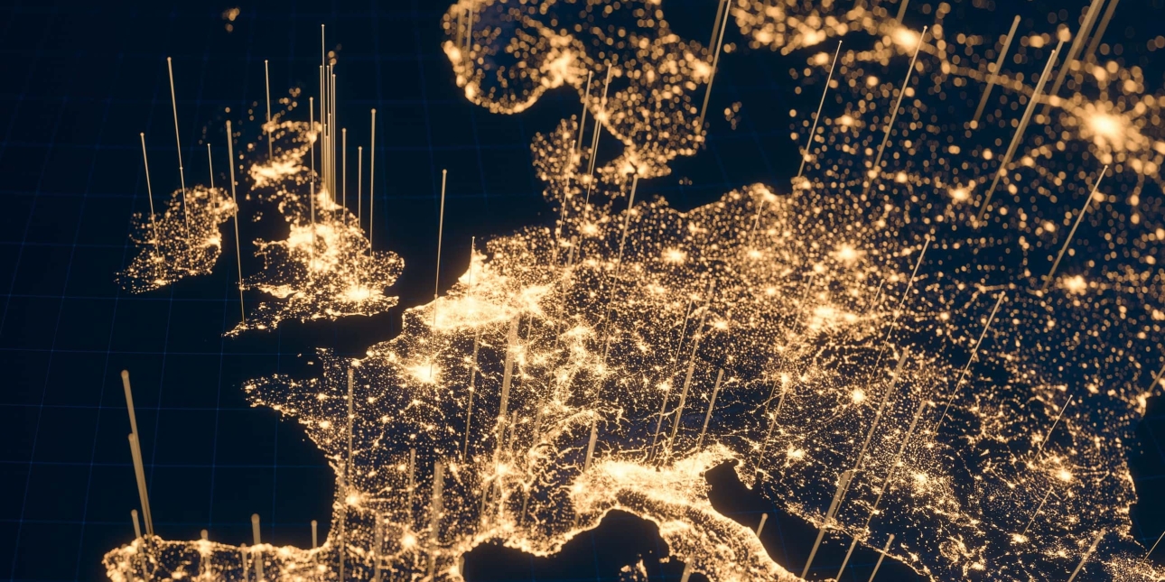 Satellite image of the UK and Europe with lights in concentrated areas