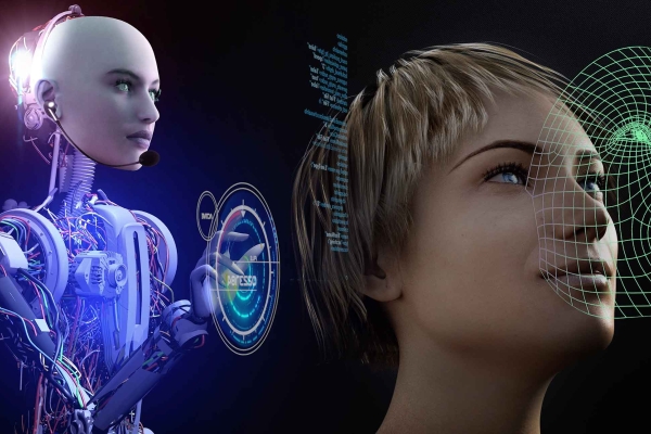 Computer generated image of a bald cyborg with a human face touching holographic dials. In front of the cyborg is the face of a woman with bobbed hair who is having her face duplicated by computer mapping