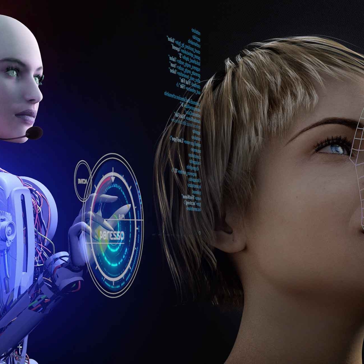 Computer generated image of a bald cyborg with a human face touching holographic dials. In front of the cyborg is the face of a woman with bobbed hair who is having her face duplicated by computer mapping