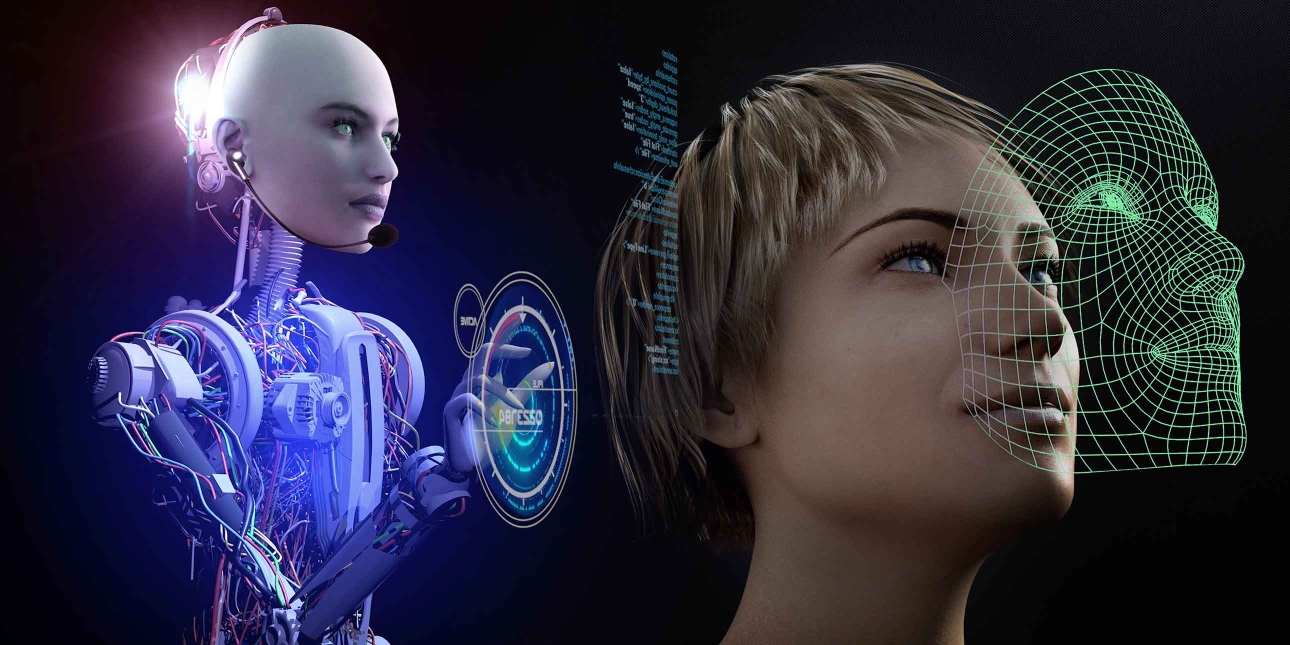 Computer generated image of a bald cyborg with a human face touching holographic dials. In front of the cyborg is the face of a woman with bobbed hair who is having her face duplicated by computer mapping