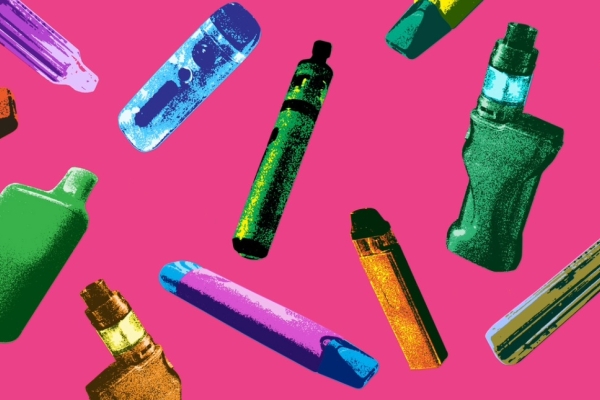 A digital illustration of a variety of colourful, disposable models of vapes. The background is bright pink.