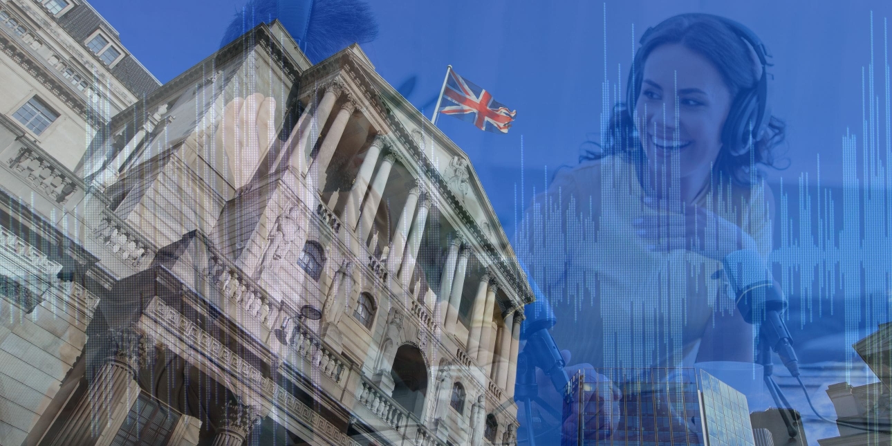A montage of the Bank of England building, a two-person interview and soundwaves