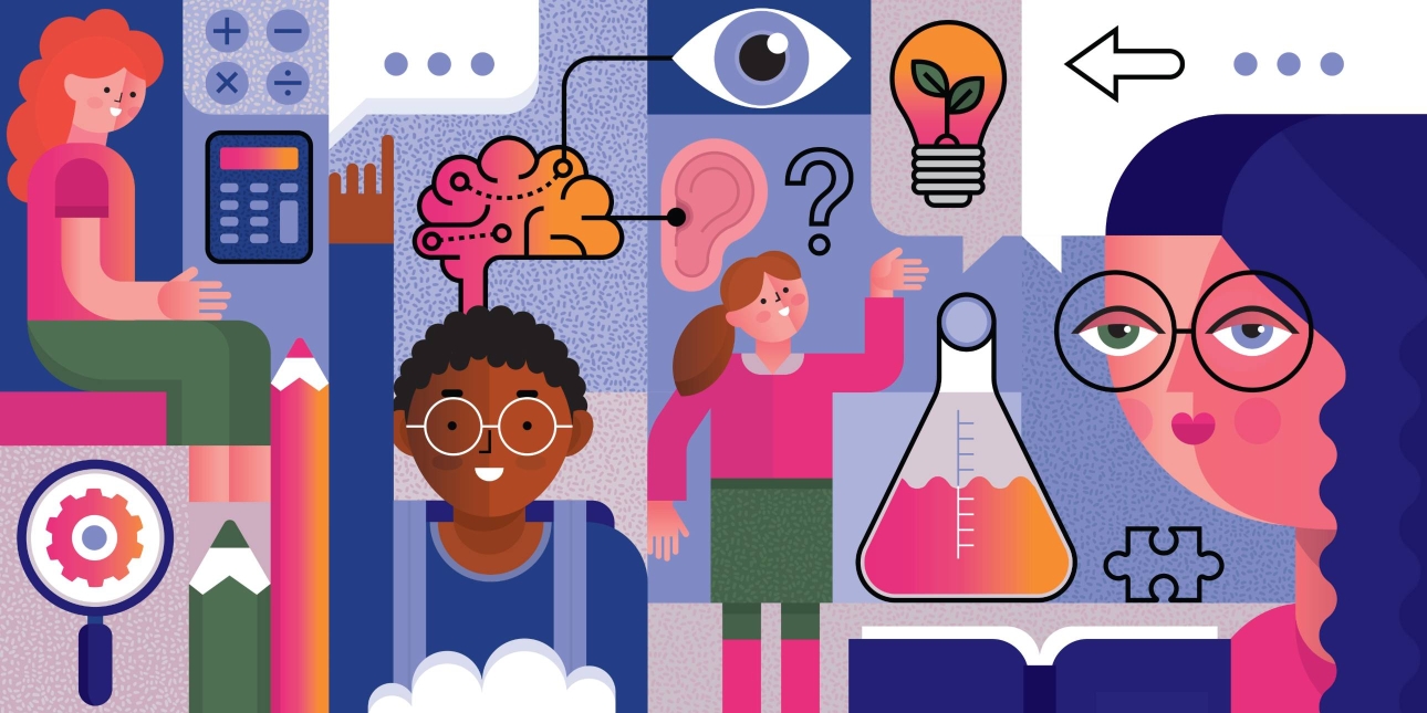 A vibrant flat vector illustration featuring three people surrounded by scientific, mathematical and learning equipment include test bottles, calculators and a lightbulb